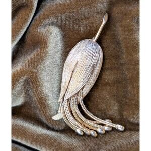 Vintage CoroCraft Tassel Brooch Gold Tone Mid Century Modern Textured Designer